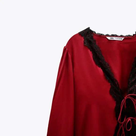 Zara burgundy & black lace-like accent blouse top - Picture 7 of 12